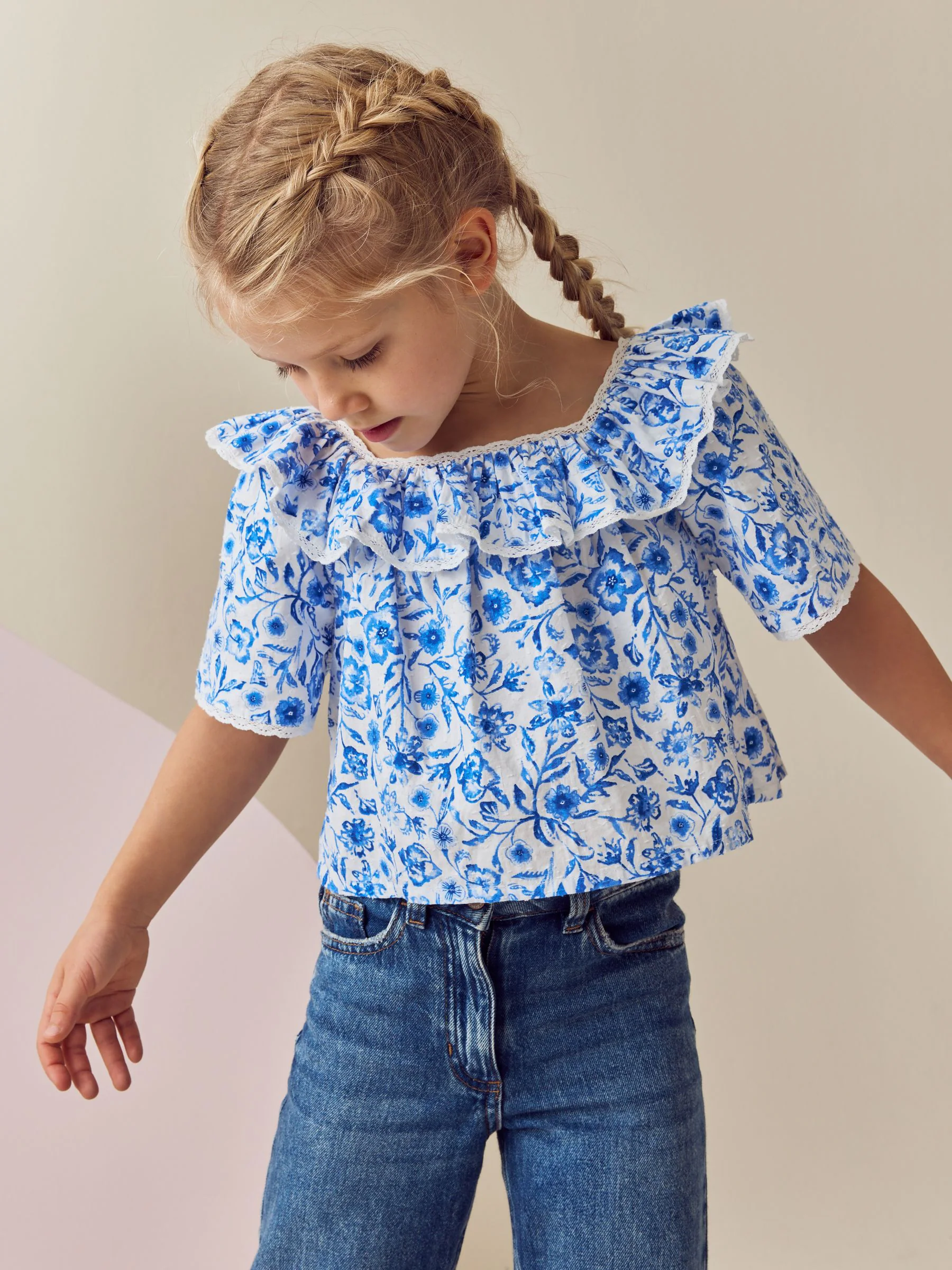 Zwart bloemenprint - Bedrukte katoenen blouse met ruches van (100% katoen) (3 - 16 jr)