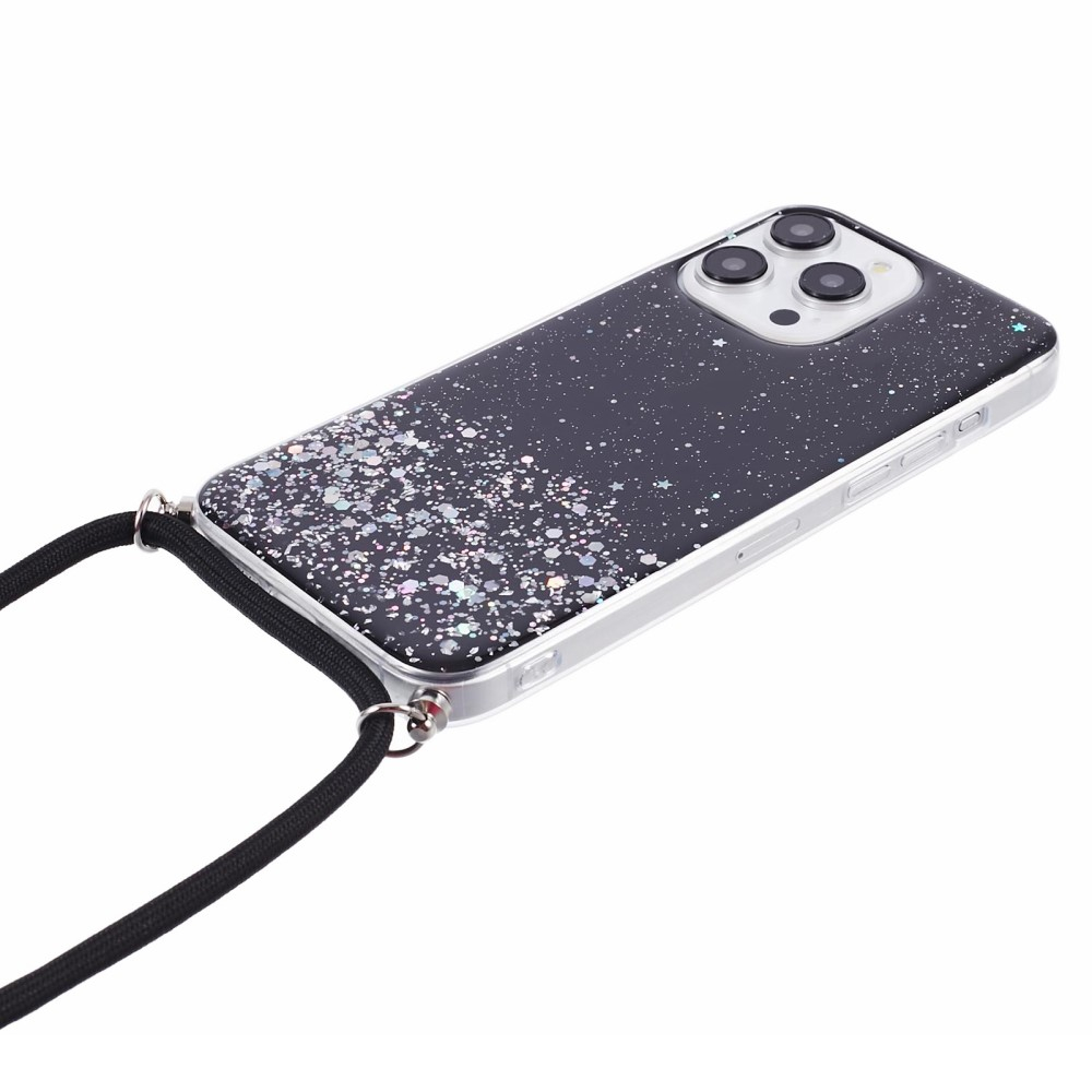 iPhone 13 Pro Necklace Gummi Hülle im Glitzer Design   Handykette (140cm) - Schwarz / Transparent