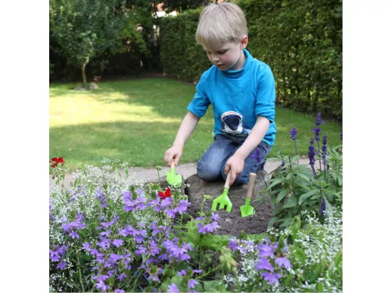 Kit petit jardinier accessoires pour enfant en métal Gants + petits outils + brouette + arrosoir