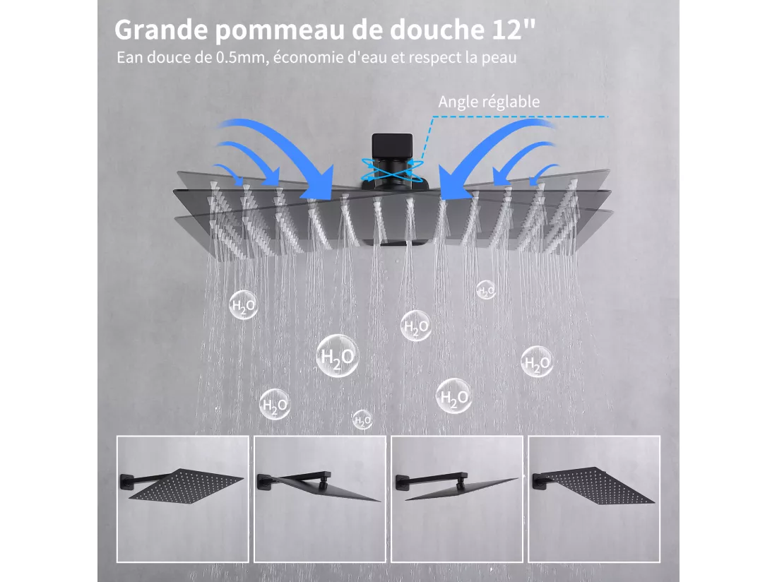 Colonne de Douche Encastrée Ensemble de Douche Mécanique avec Grande Tête de Douche Carrée 12
