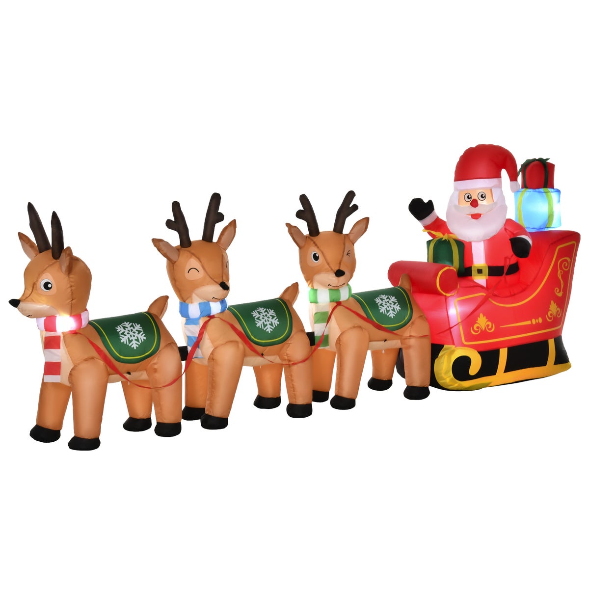 HOMCOM Opblaasbare Kerstman op Slee met 3 Herten, Weerbestendig, 319 x 59 x 132 cm, Polyester, Bruin+Rood+Groen