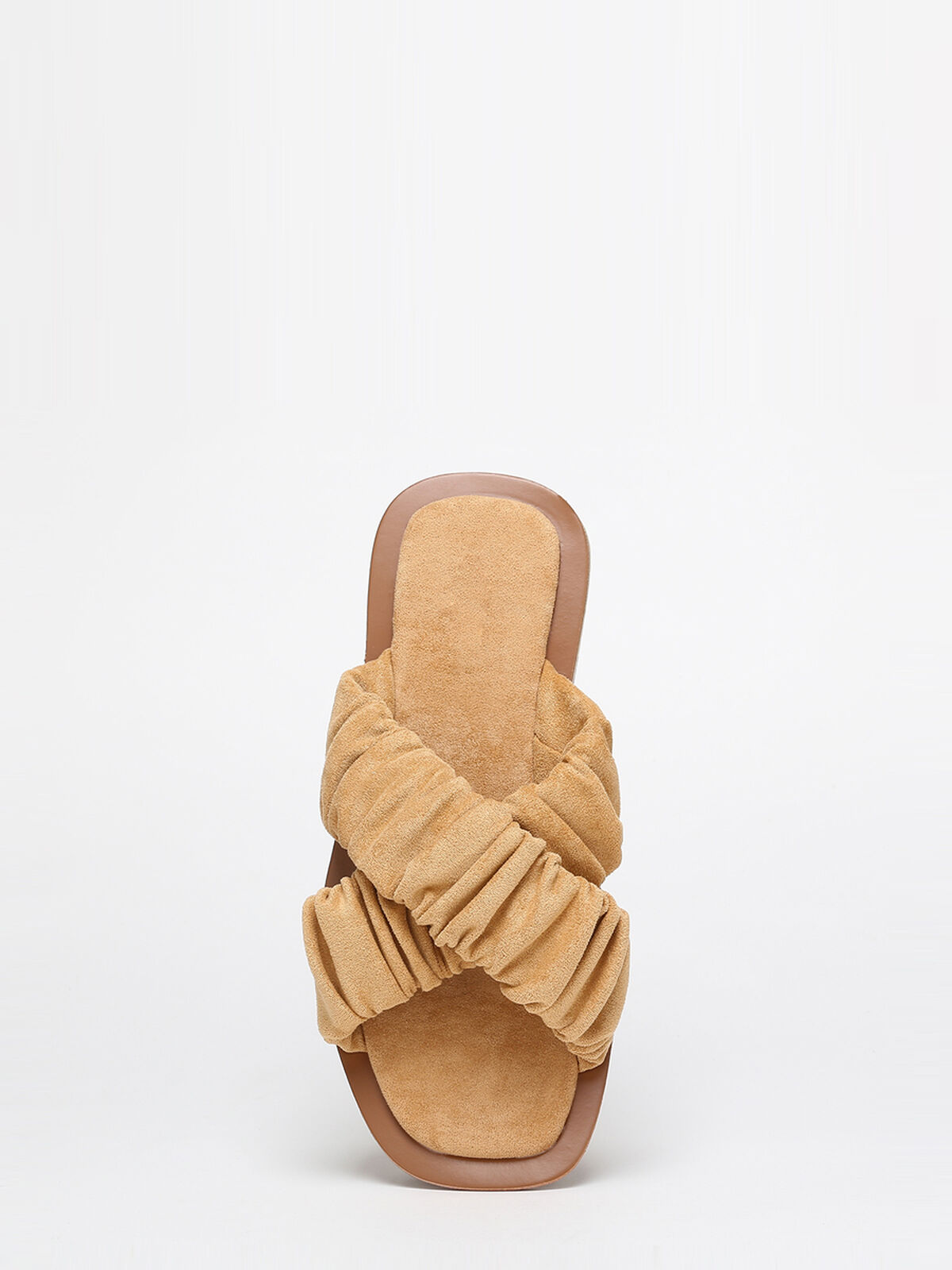 Mules à brides smockée en suédine- Camel