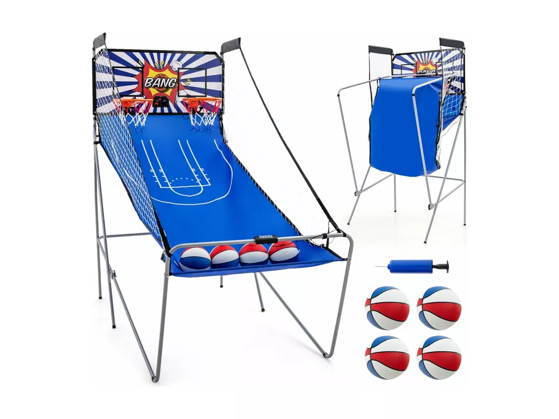Panier de Basketball Pliable à Double Tir 4 Balles Pompe de Gonflage, Jeu de Basketball Arcade pour 1 à 4 Joueurs avec Système de Pointage, 8 Modes de Jeux pour Enfants Adultes (Bleu+Blanc)