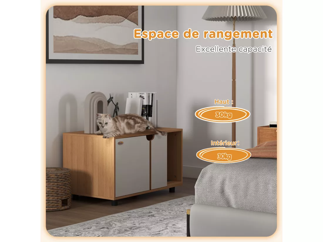 Maison de toilette pour chat style scandinave - meuble cache litière - portes, aérations, tapis de fuite - naturel blanc