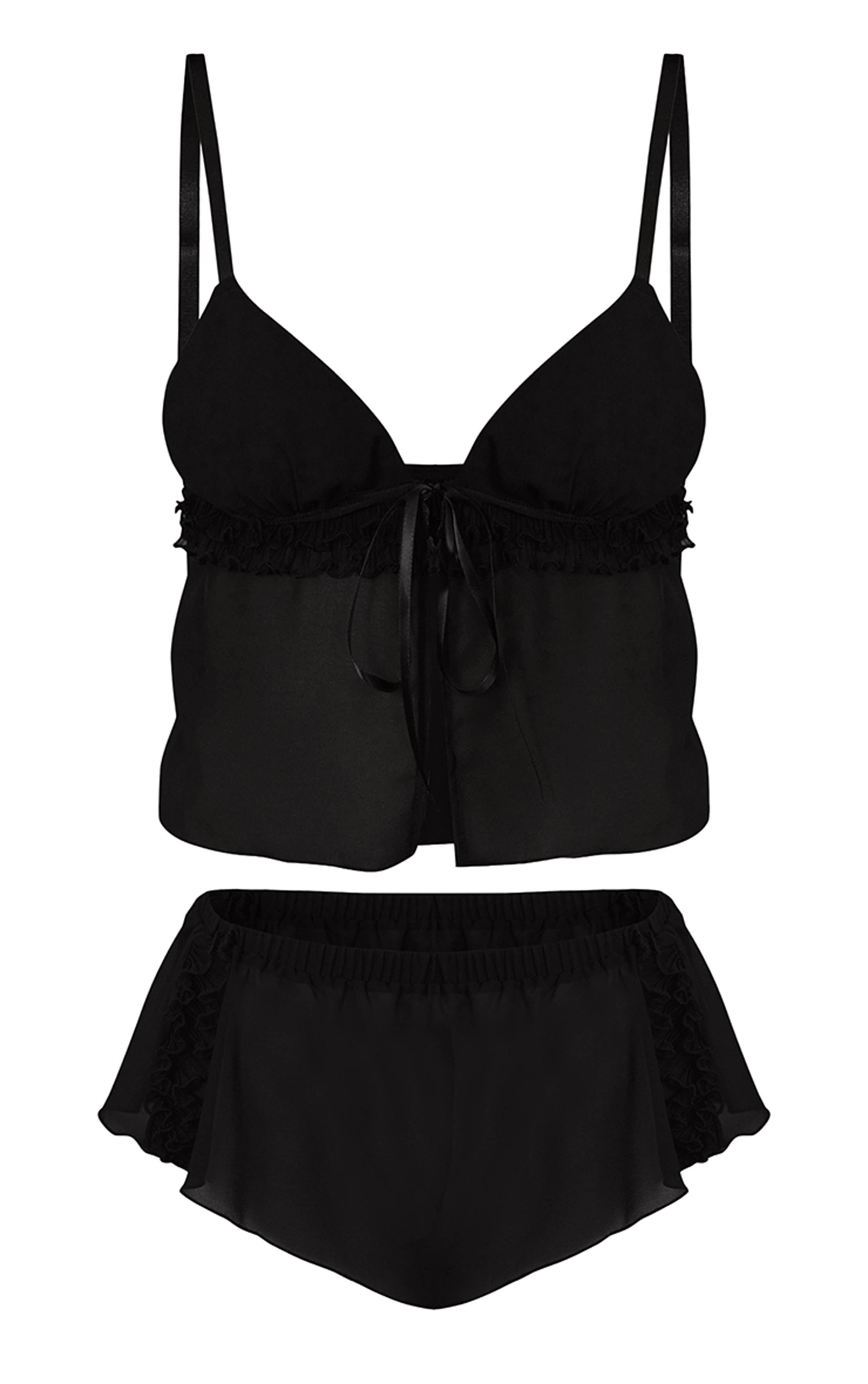Noir Ensemble Caraco En Mesh À Nouer Et Short À Volants