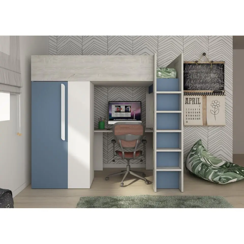 Hoogslaper Beau 90x200 met bureau & kast - donkerblauw