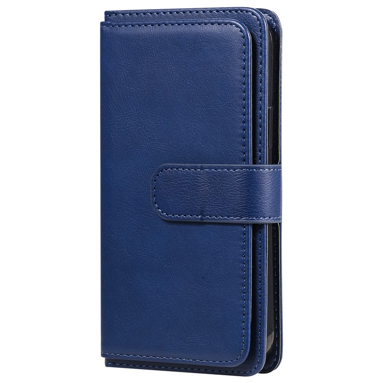 iPhone 16e Leder Tasche Flip Cover Kartenfächer mit Druckknopfverschluss - Blau