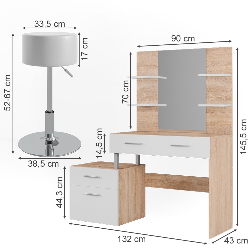Vicco Schminktisch Frisiertisch Frisierkommode Maria Weiß Sonoma Spiegel Hocker 132x145 cm modern Ablage
