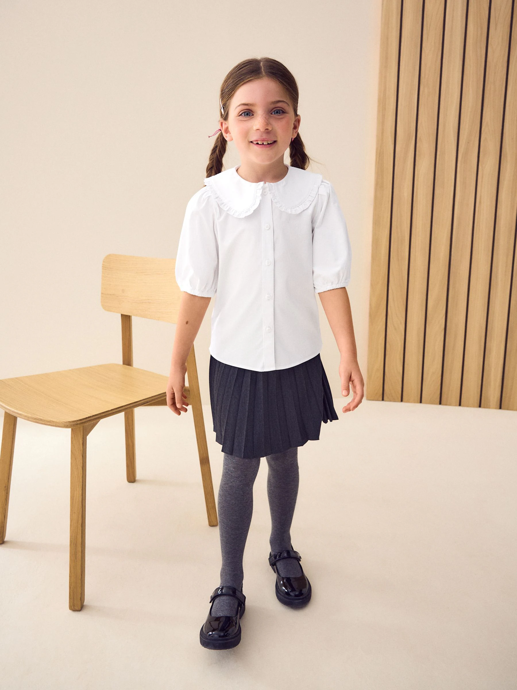 Wit - Premium schoolblouse met kraag met ruches en hoog aandeel katoen (3-14 jr)
