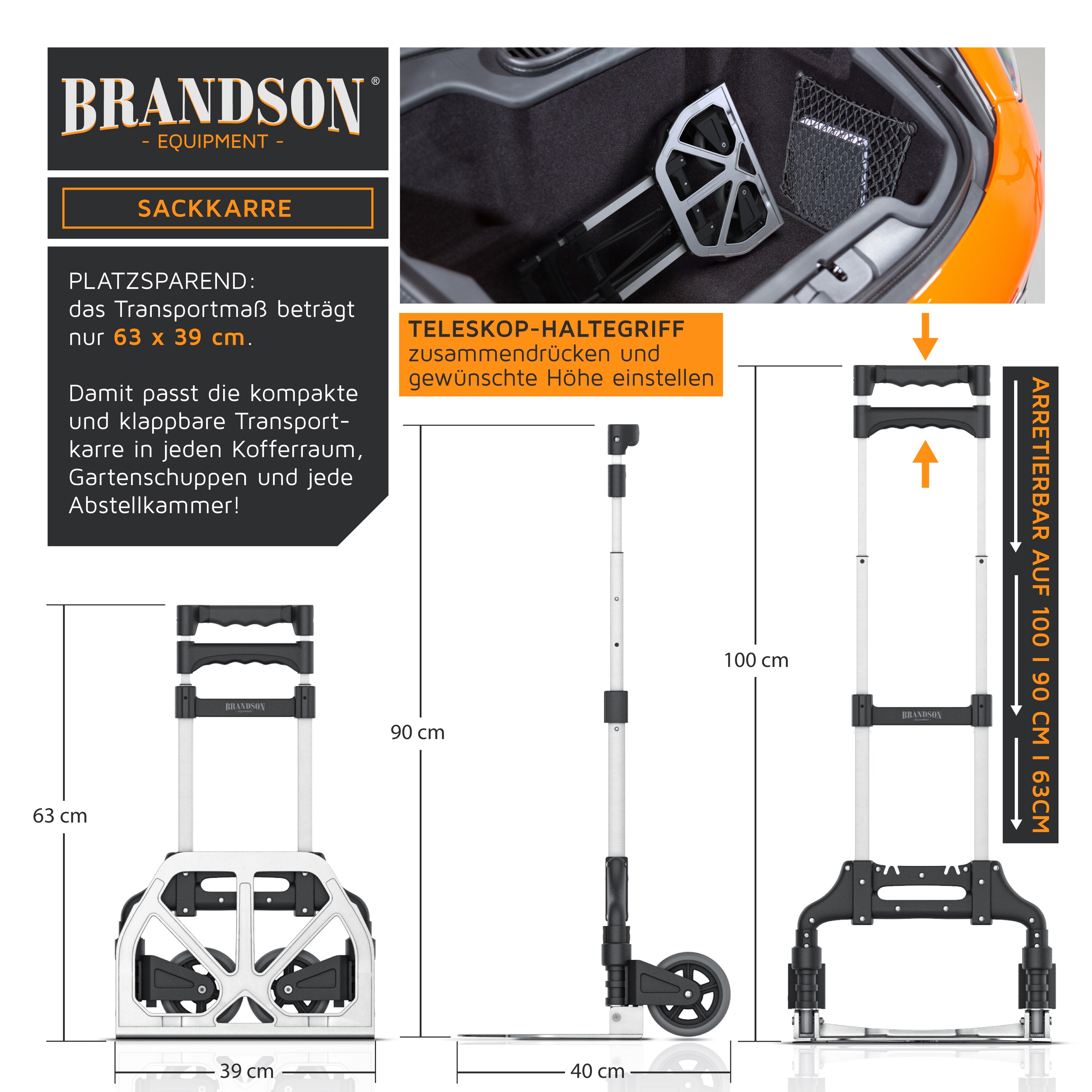 Brandson klappbare Sackkarre - Transportkarre mit 70 kg Last Vollgummireifen - mit Expanderseil
