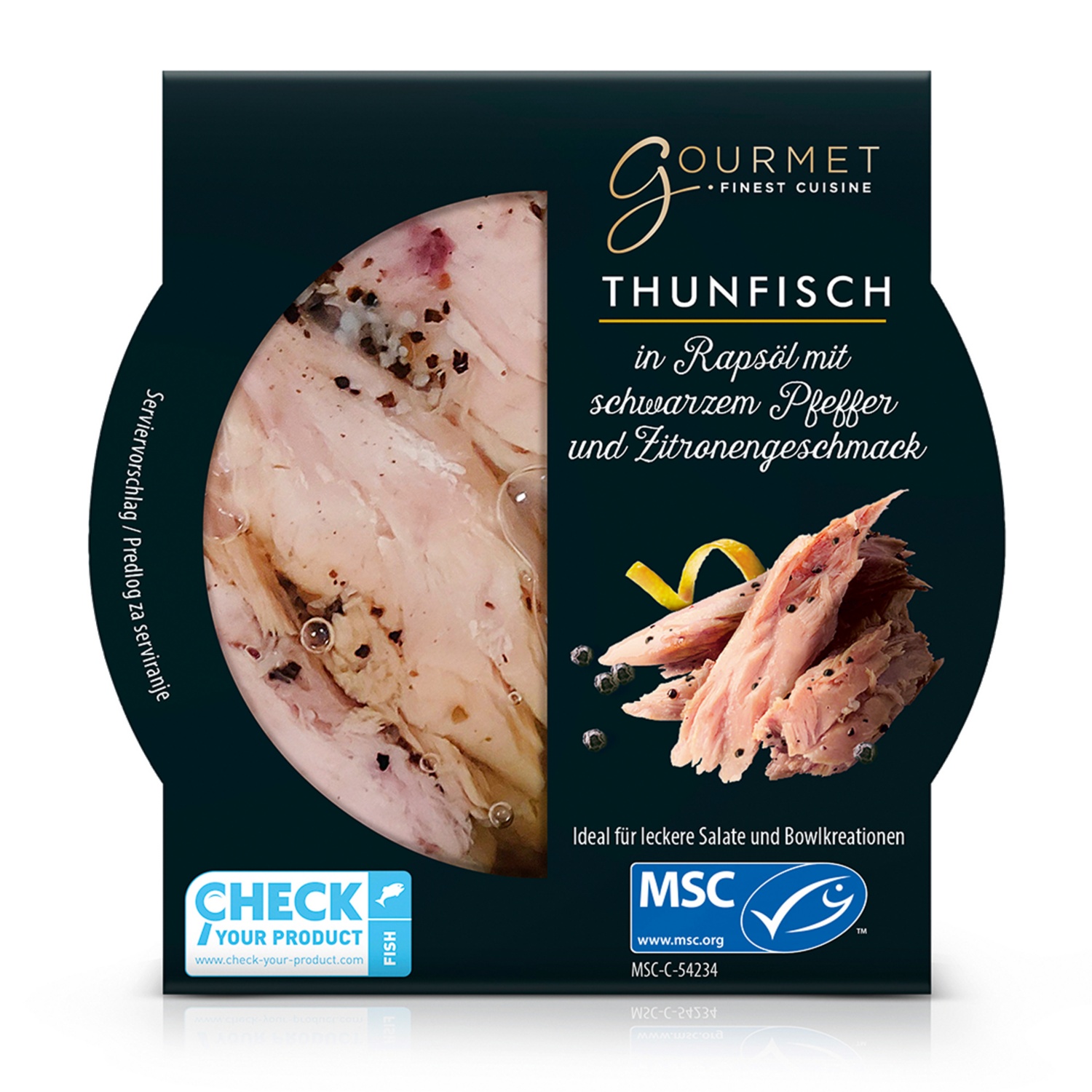 GOURMET MSC Thunfischfilet Mix in Rapsöl, mit schwarzem Pfeffer und Zitrone 160 g