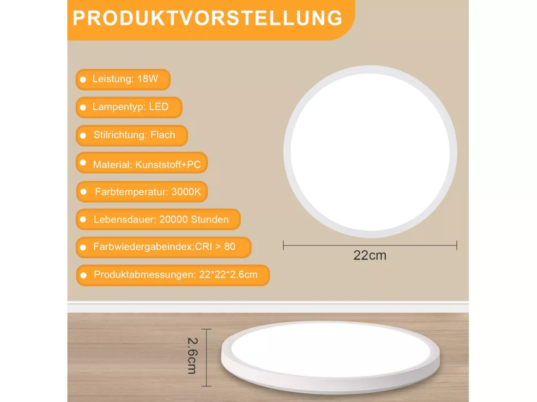 NETTLIFE Plafonnier LED Salle de bain Plat 30CM 24W Rond Blanc Plafonnier Cuisine Non-variable