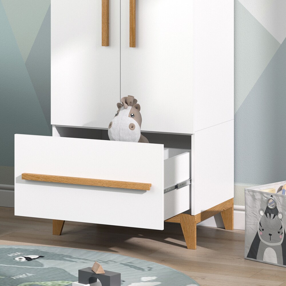 VitaliSpa Kleiderschrank Kinderzimmerschrank Aufbewahrungsschrank Malia Weiß Eiche modern 70x187 cm Kinderzimmer Möbel Babymöbel Schublade Tür Fach Kleiderstange Ablage Babyzimmerschrank