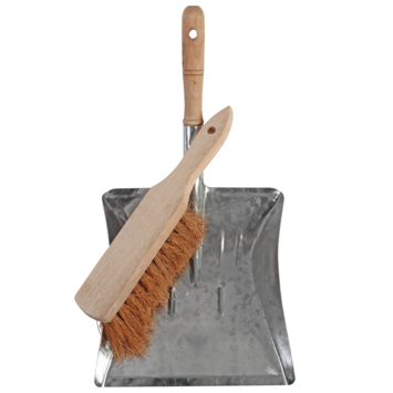 Stoffer en blik met houten handvat