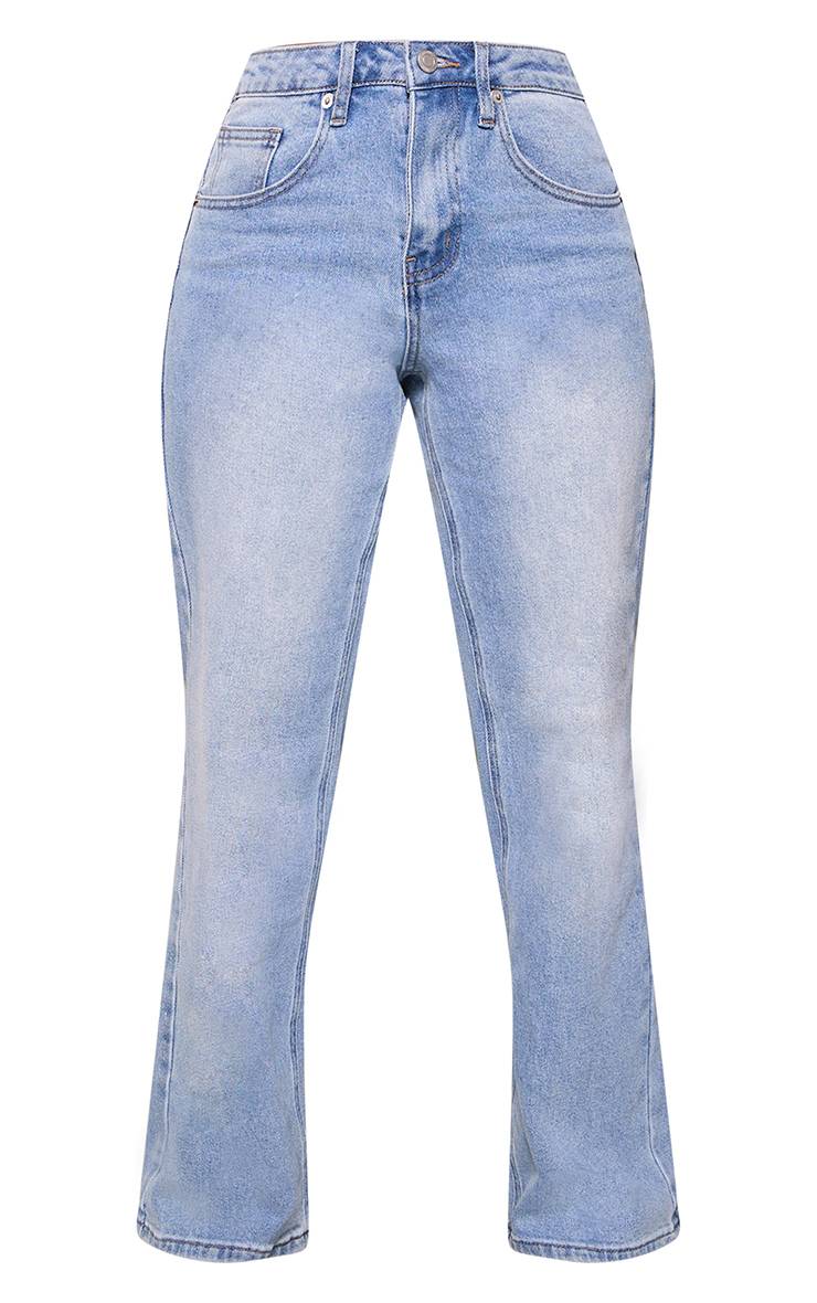 Mid Blue Wash Jean Droit Taille Haute Stretch Bleu Moyen Petite