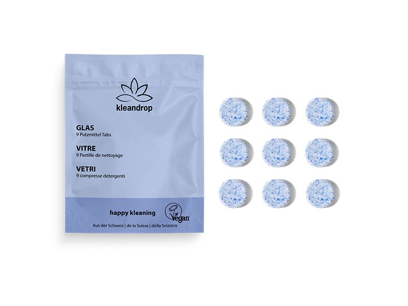 kleandrop Glasreiniger Nachfüllpackung 9 Stück Vegane, Nachhaltige Putzmittel-Tabs mit Minzduft