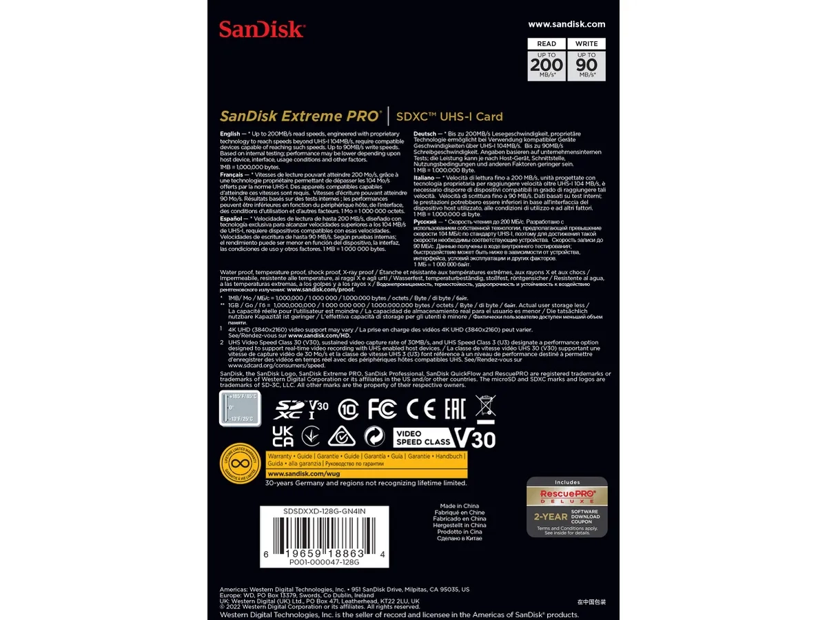 128GB Extreme PRO SDXC Speicherkarte Class 10 U3 UHS-I V30 200 Mbit/s   90 Mbit/s Schreibgeschwindigkeit (SDSDXXD-128G-GN4IN) - Schwarz
