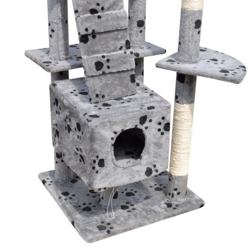 Arranhador para gatos com casinhas e estampa de patas cinzas.