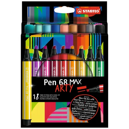 Premium-Filzstift mit dicker Keilspitze - STABILO Pen 68 MAX - ARTY - 18er Pack - mit 18 verschiedenen Farben