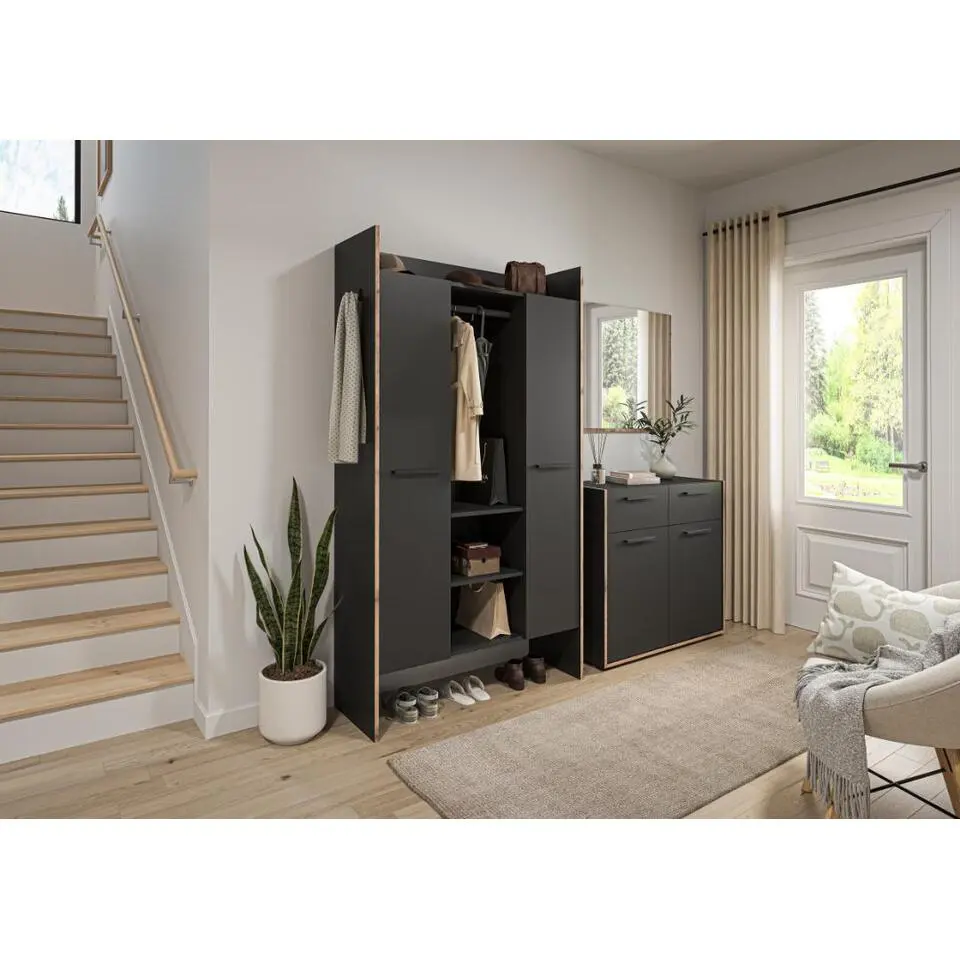 Hioshop Bueno kledingkast 2 deuren- 1 lade- 3 planken en 2 haken donkergrijs