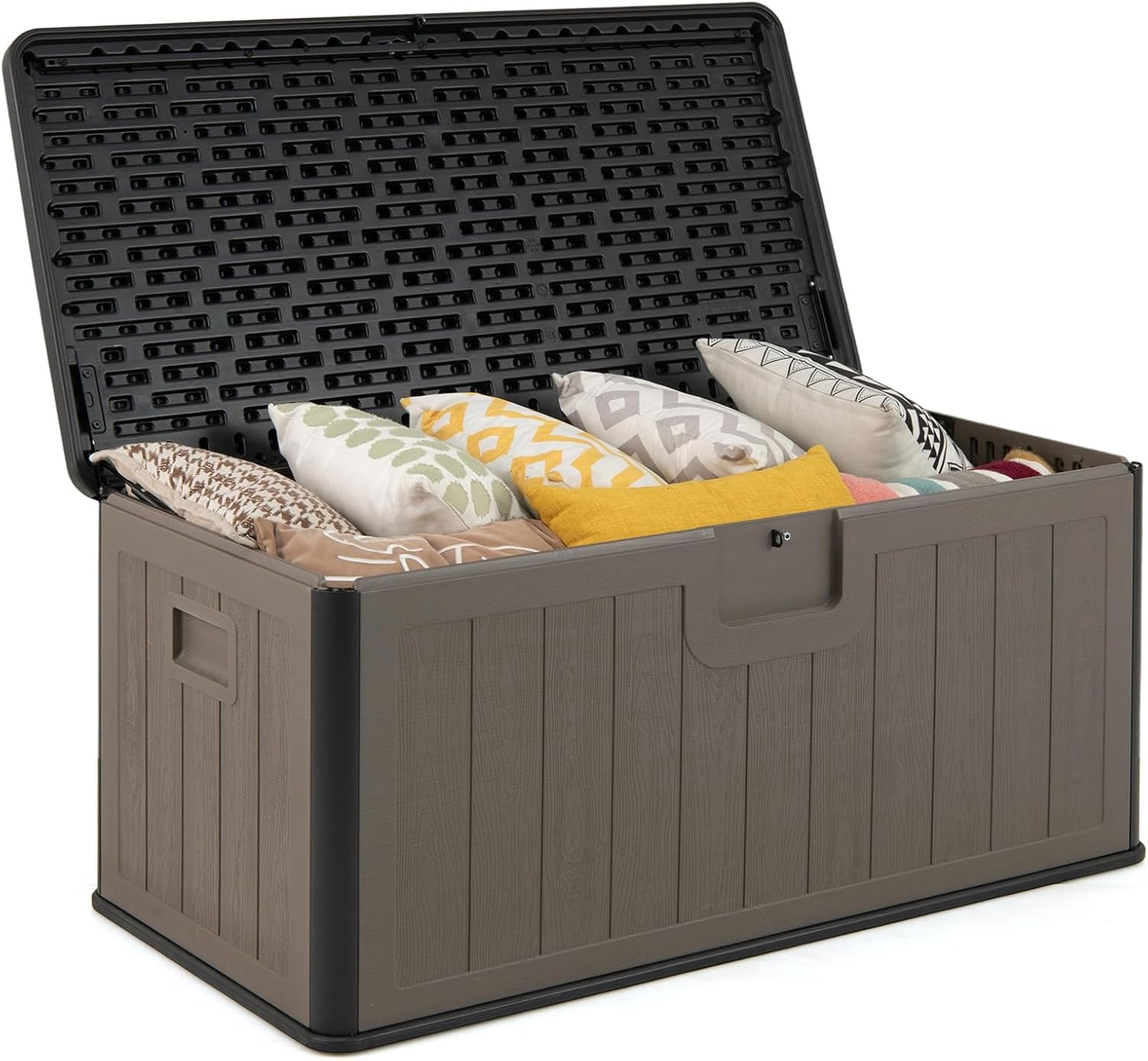 COSTWAY Gartenbox 378 L, Auflagenbox Wasserdicht für Garten mit Abschließbarem Deckel, Aufbewahrungsbox für Kissen & Gartengeräte, Kissenbox Outdoor für Terrasse, Balkon, Garten (Schwarz+Braun)