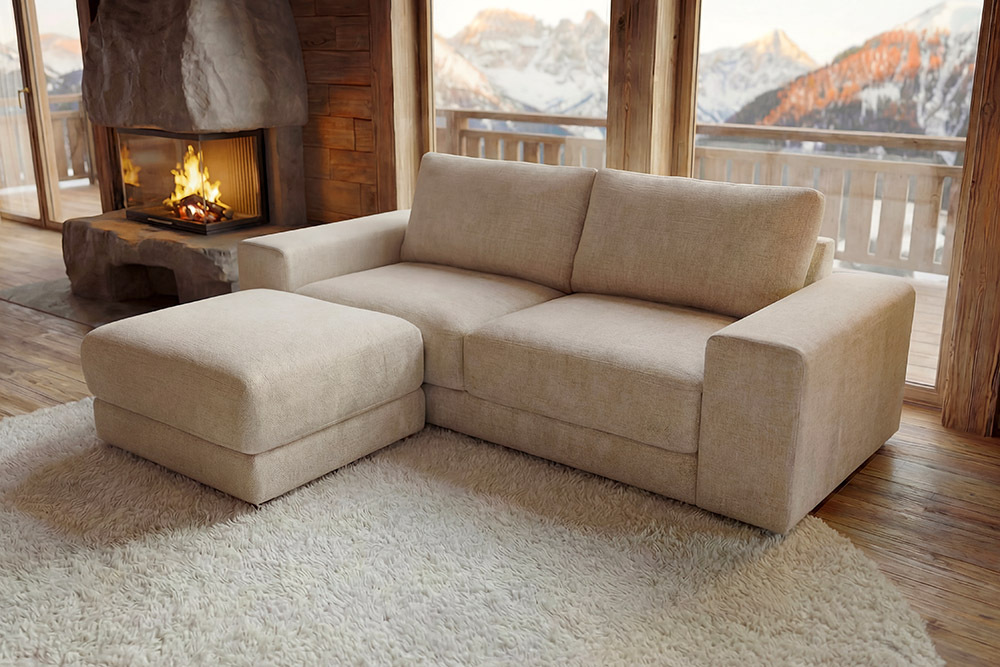 Moderner Hocker LOFT 75cm champagner beige Chenille Nosagfederung Taschenfederkern