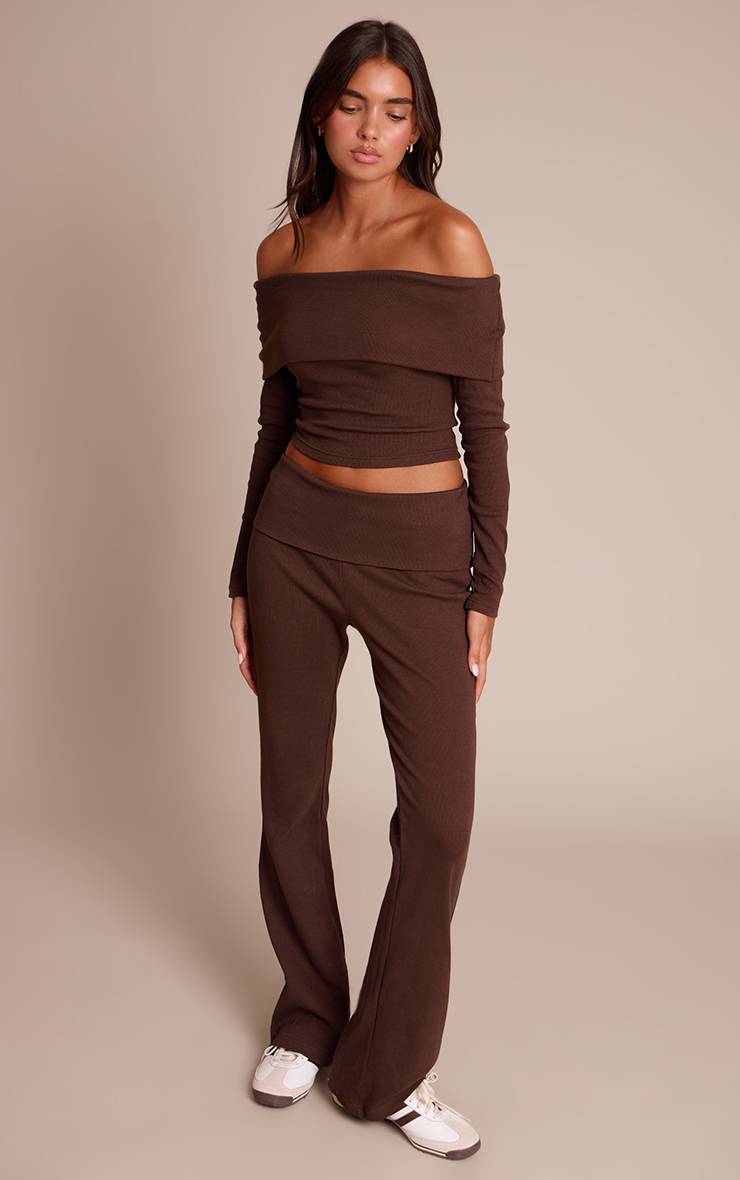 Chocolate Brown Pantalon Droit À Taille Repliée