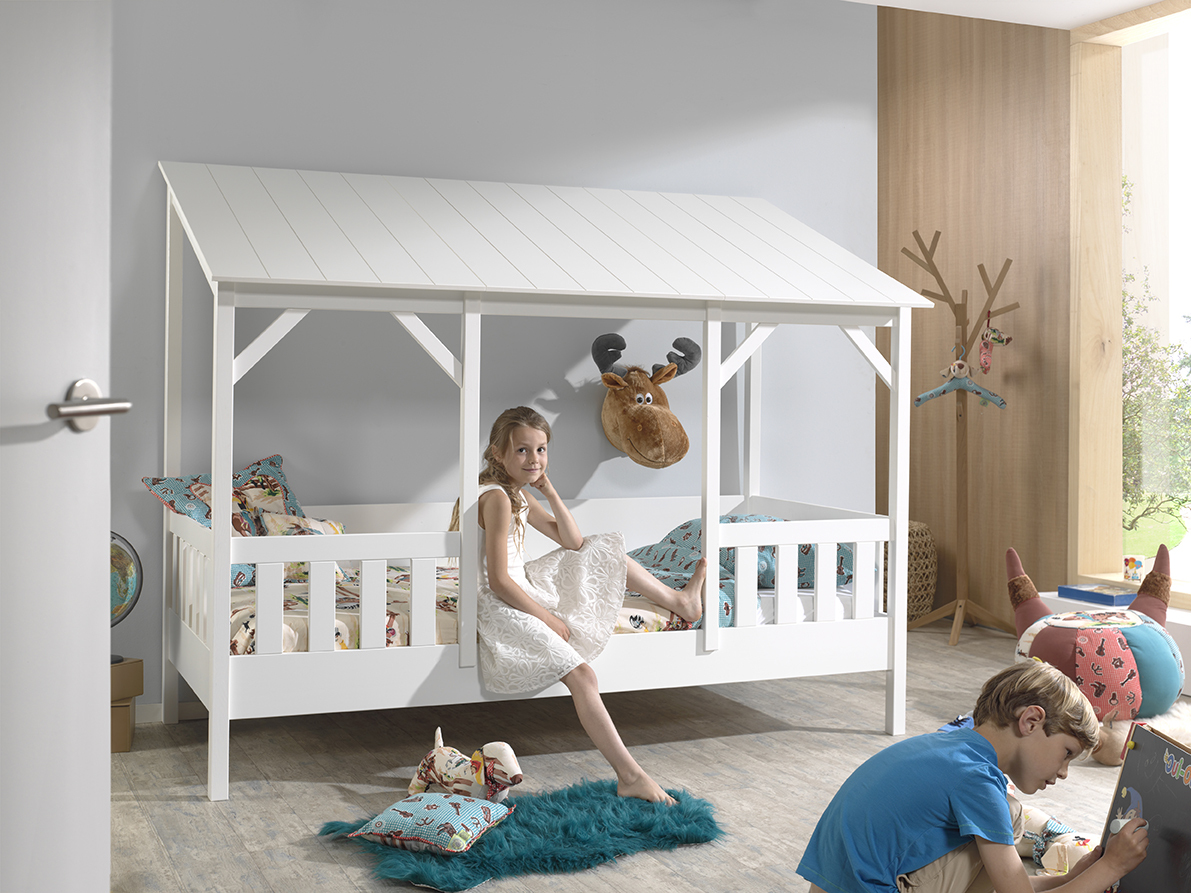 Hausbett - weiß - teilmassiv - mit Dach - 90x200 cm