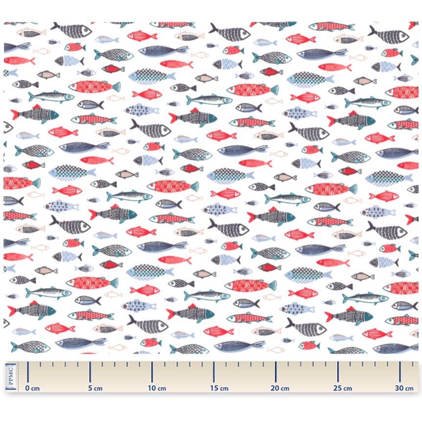 Tissu Coton Au Mètre Ex2526 Sardines Graphiques Blanc