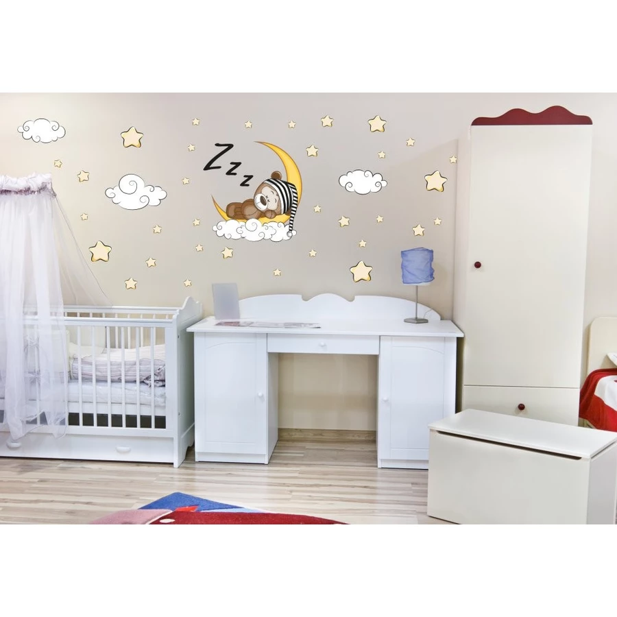 Nikima Wandtattoo 087 Wandtattoo Teddy auf Mond Sterne Wolken bunt