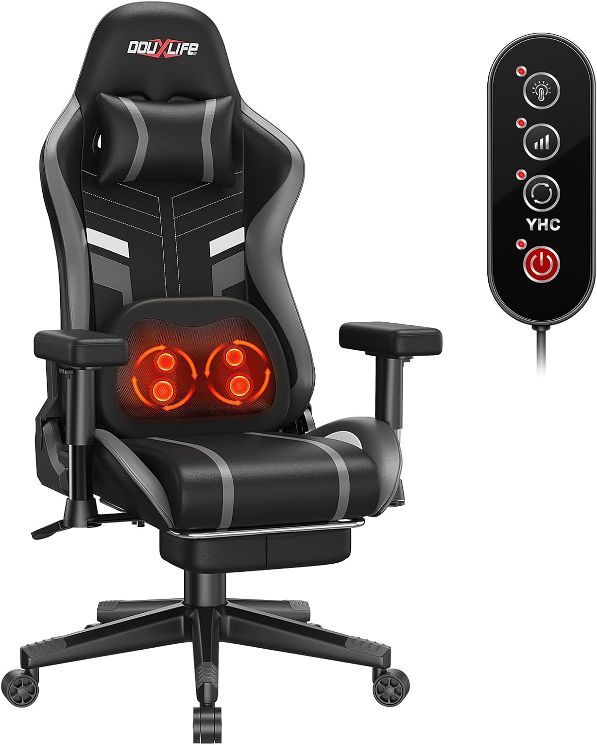 Douxlife Gaming-Stuhl mit Knetmassage und Heizfunktion, Ergonomischer Bürostuhl mit Fußstütze, 90°-175° Verstellbar, Gepolsterte 2D-Armelehnen, Gamer Sessel PC Stuhl, 181KG, Grau