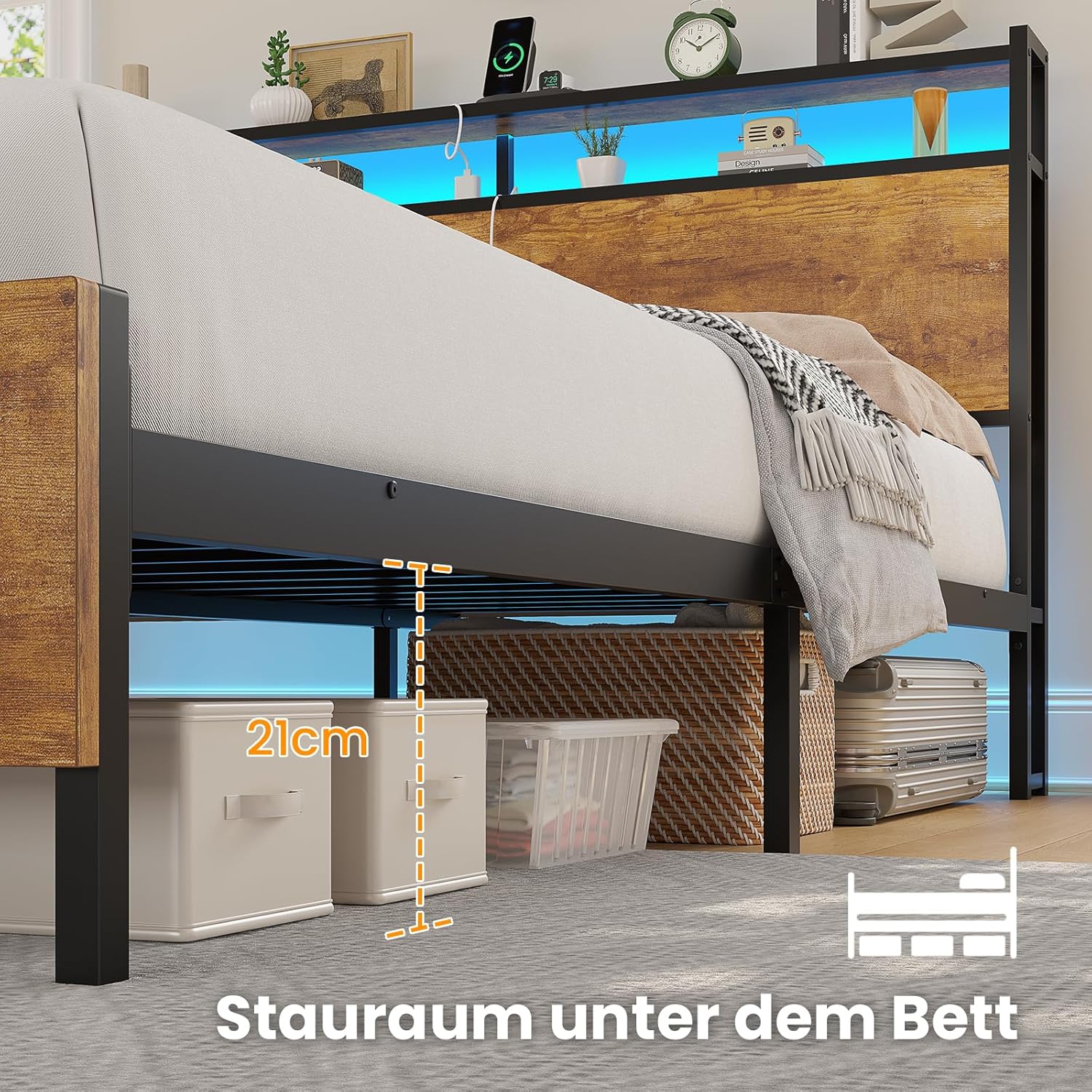 Bett 120x200cm mit LED Beleuchtung und 2 USB+2 AC Steckdose Metallbett Bettgestell 120x200 mit Metallrahmen &Holzkopfteil mit Stauraum, Bettrahmen Doppelbett Robust und Stabil Leichte Montage