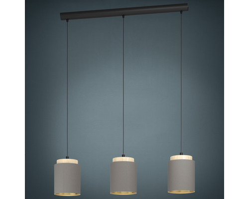 Hanglamp, 3-lichts, HxL 110x89,5 cm, zwart/licht hout, cappuccino kap, gouden binnenkant