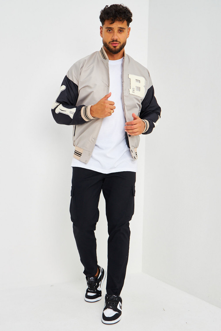 Bomber gris à manches noires brodé 