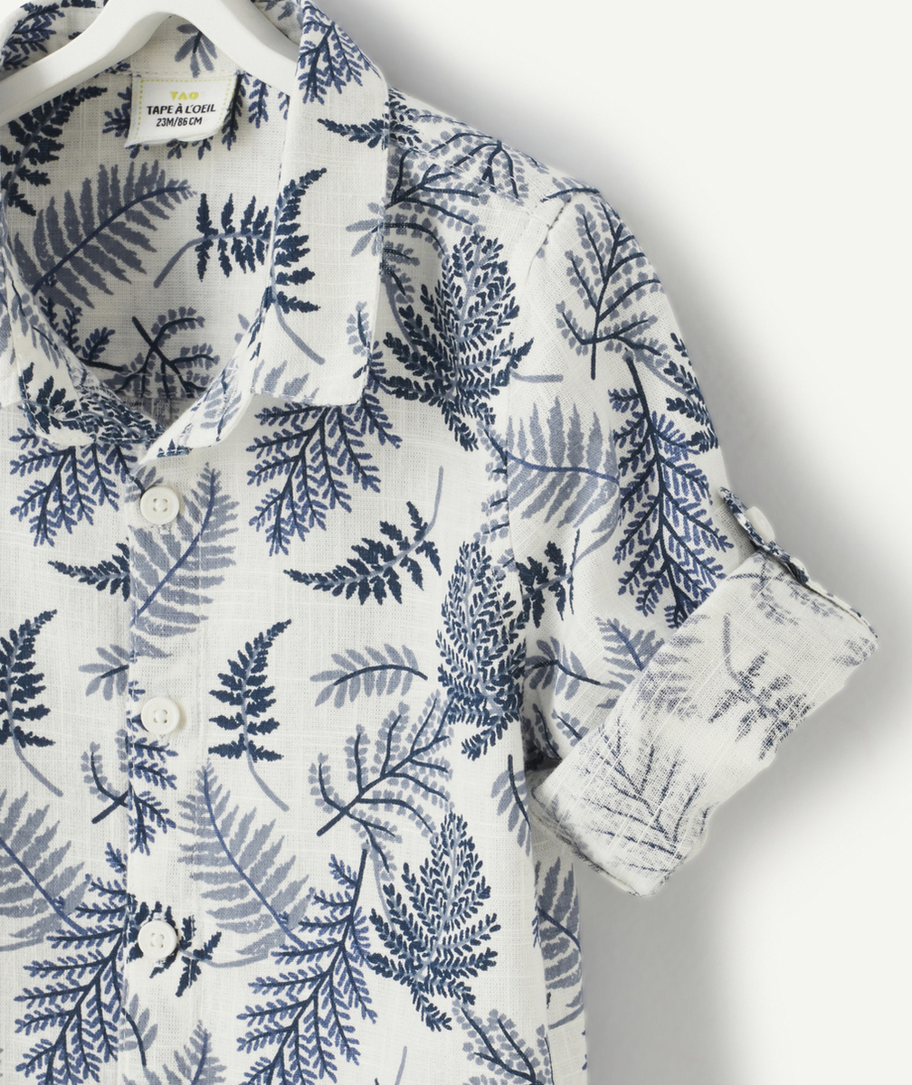 CHEMISE BÉBÉ GARÇON EN LIN BLANC ET IMPRIMÉ FEUILLES BLEUES