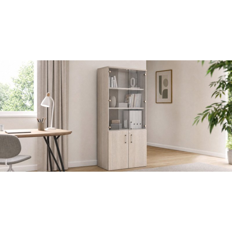 Bibliothèque bois Ecla avec portes hautes verre et portes basses bois  H 182 x L 80 cm