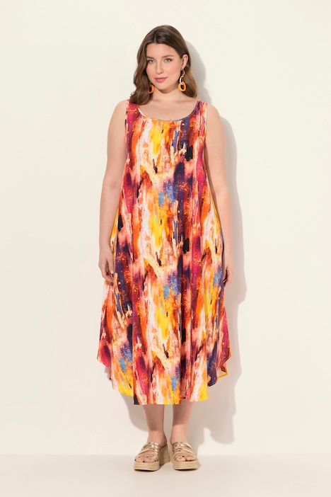 Kleid, farbenfroher Druck, A-Linie, Rundhals, ärmellos