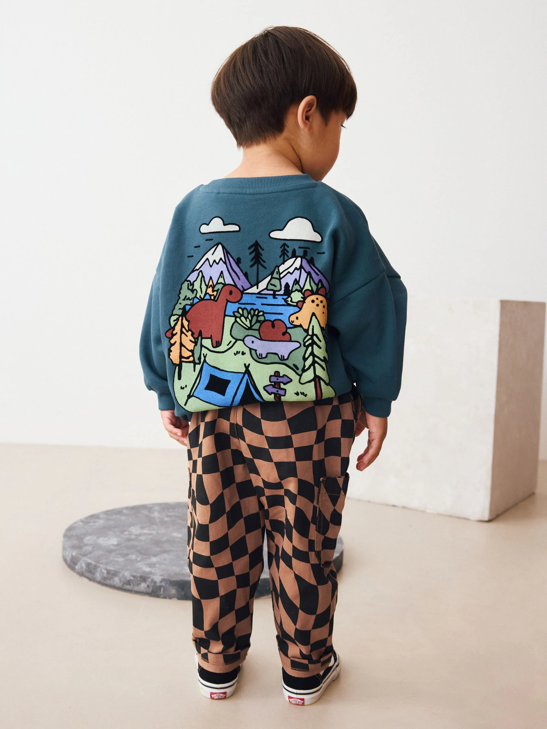 Zwart/lichtbruin dambordpatroon - Broek met elastische taille en zijzakken (3mnd -7jr)