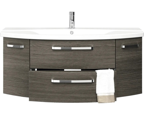 Badkamermeubelset Pelipal serie 4010, afmetingen (B x H x D): 122 x 200 x 48 cm, fronten in grafietstructuur, 4-delige badkamermeubelset inclusief witte keramische wastafel, keramische wastafelkast en spiegelkast met LED-verlichting.