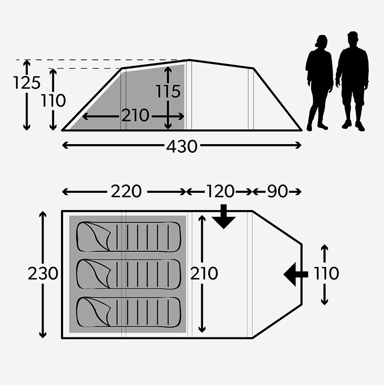 Kampa Mersea 3 Campingzelt mit Stangen 430 x 230 x 125 cm für 3 Personen