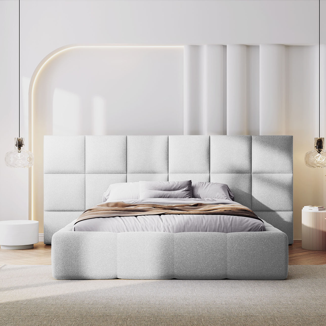 Maison Héritage Lit avec coffre de rangement Isa gris clair froid - 230x300x125 cm
