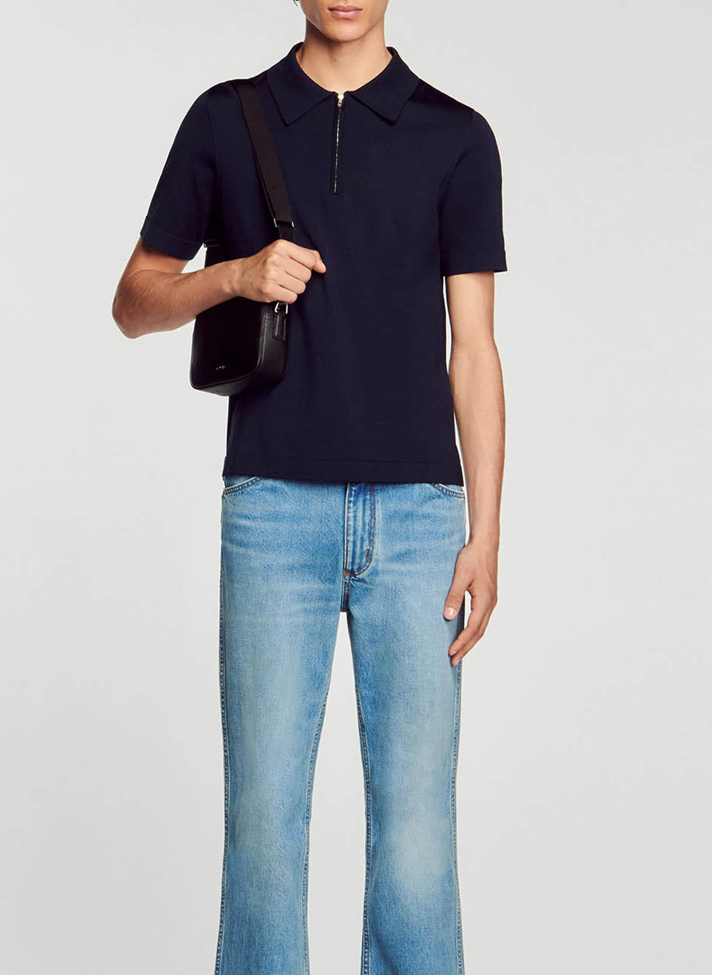 T-shirt manches courtes à col polo zippé | Bleu
