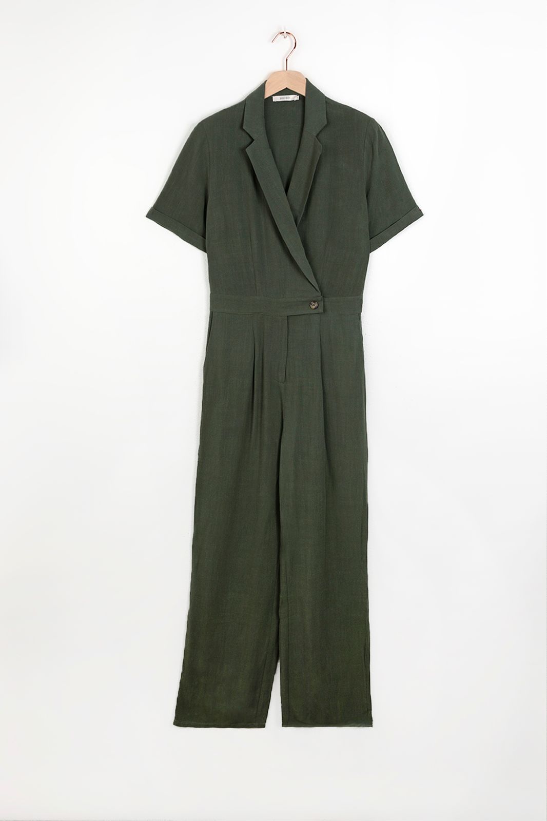 Donkergroene linnen straight leg jumpsuit