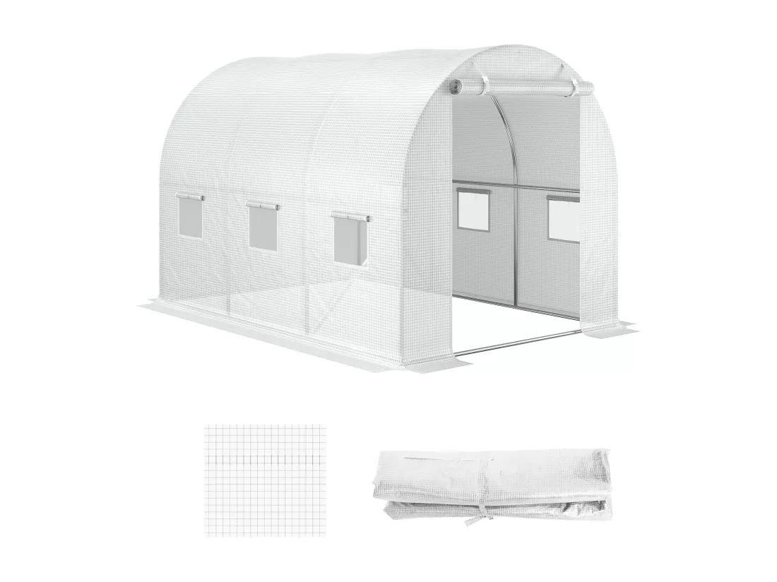 Bâche de rechange serre tunnel 6 m², bâche dim. 3L x 2l x 2H m PE anti-UV imperméable 6 fenêtres + porte enroulable zippée blanc