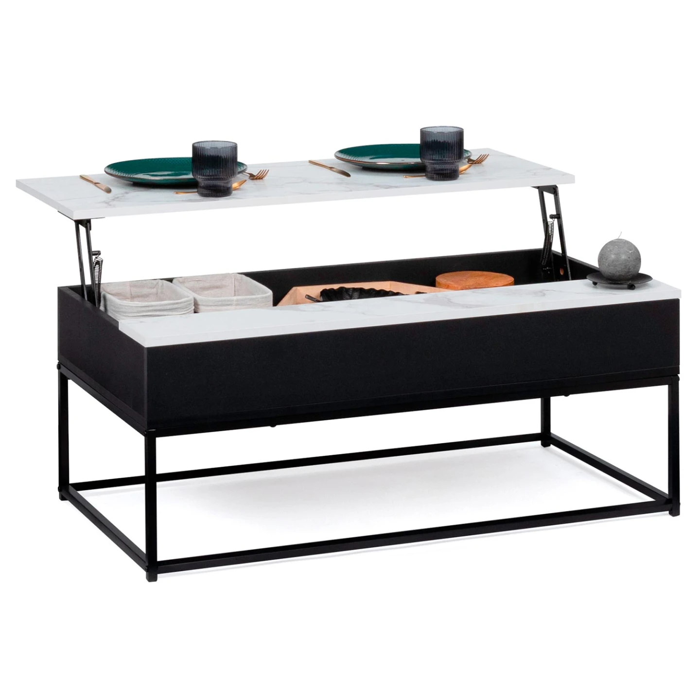 Table basse plateau relevable rectangulaire ALASKA effet marbre et bois noir pied métal
