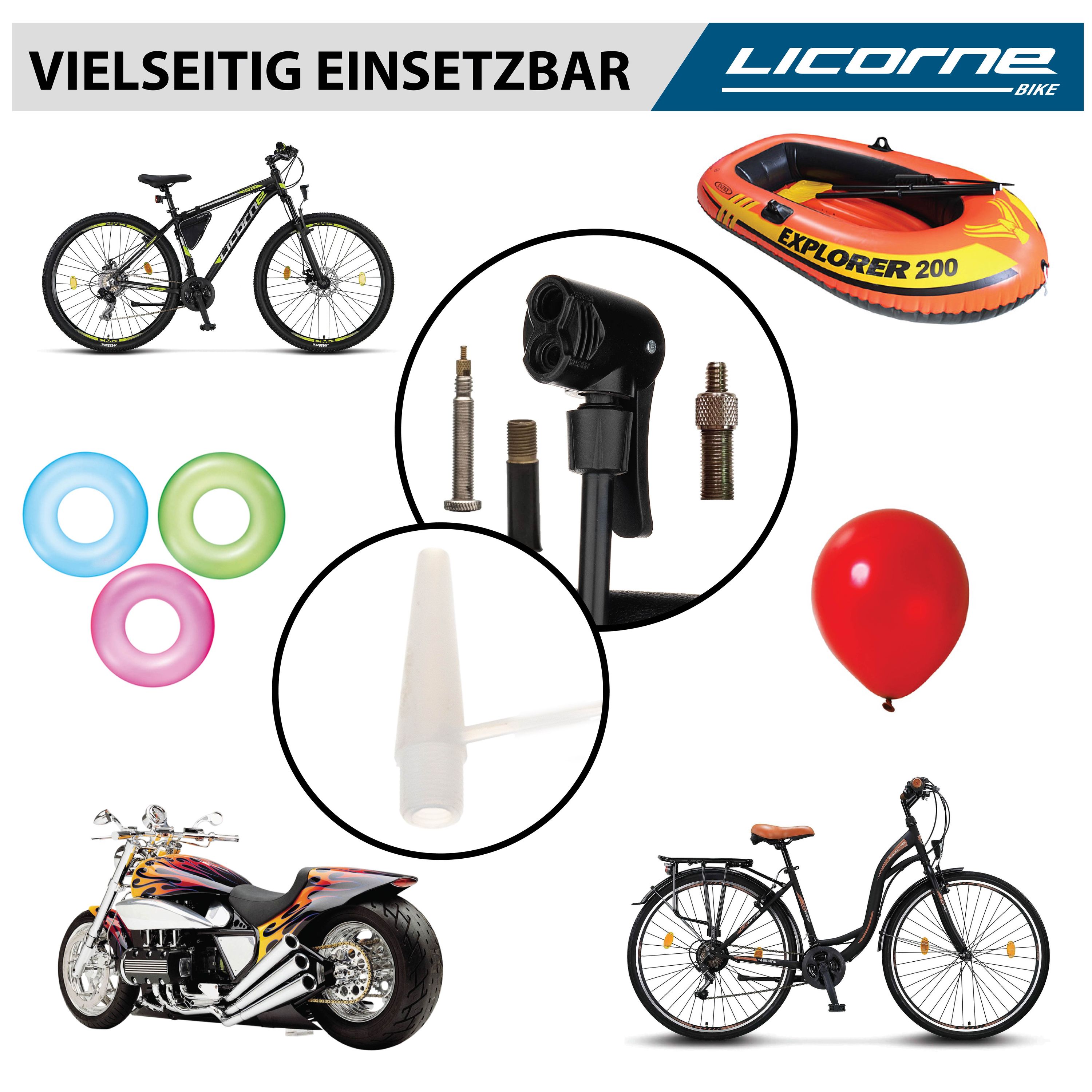 Licorne Bike Standpumpe, Klappbare Standfüße, Fahrradpumpe mit großem Manometer zur Druckanzeige, Dualkopf passend für alle Ventile (Dunlop Ventil, Französisches Ventil, Auto Ventil) (Orange)