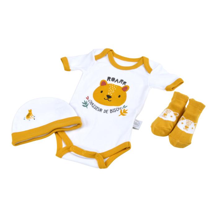 LOT BODY BONNET ET CHAUSSETTES T NAISSANCE COTON LEOPARD