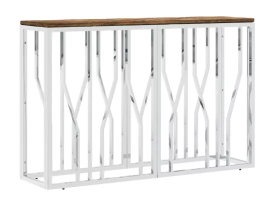 Table console acier inoxydable et bois massif de récupération