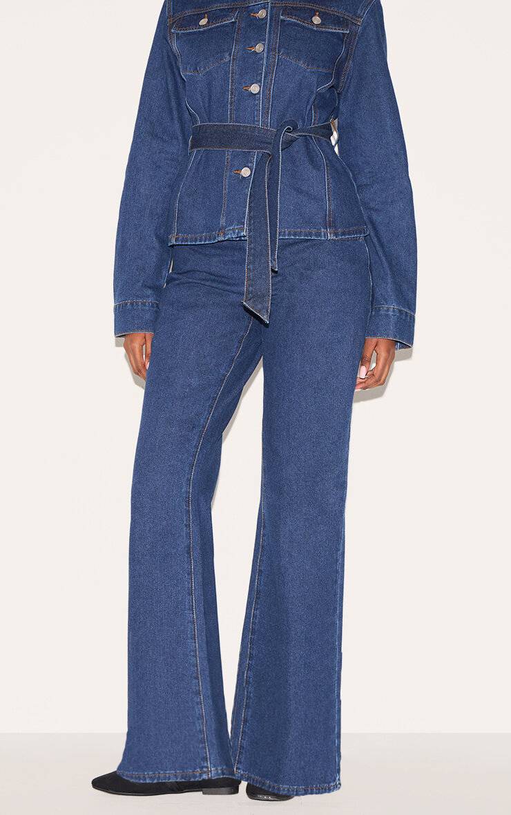 Bleu Foncé Jean Évasé Taille Mi-haute À Coutures Contrastées