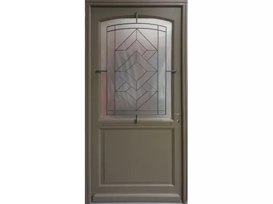 Porte D'Entrée Bois Vitrée, Elsie, Vert Ral7002, H,215Xl,90 P,Gauche + Poignée Et Barillet (Ref 010403Fp) Cote Tableau